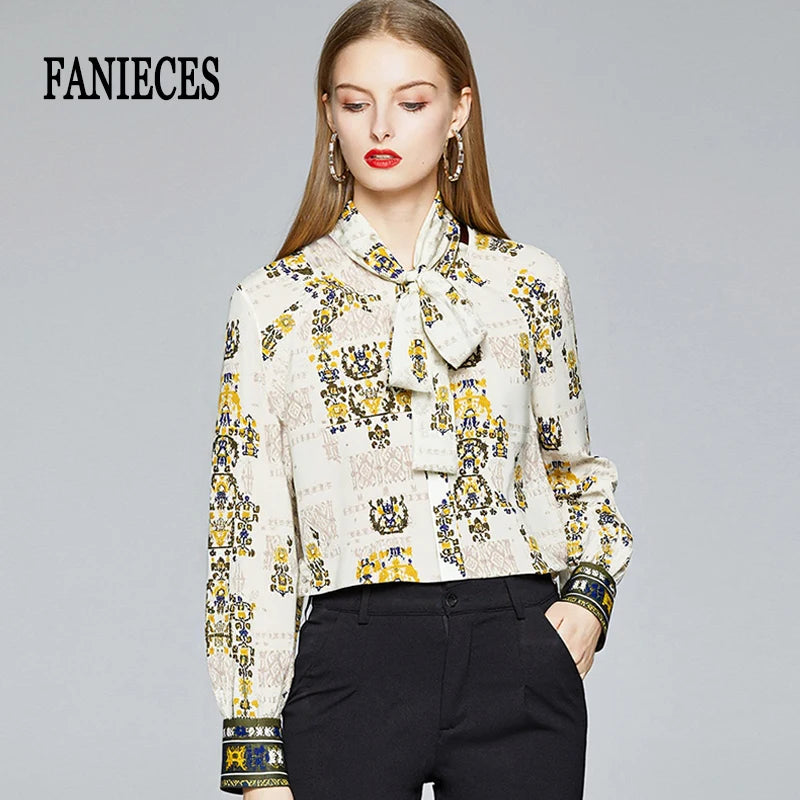 Women's Chiffon Blouses And Shirt Summer Tops Elegant Bow-tie Long Sleeve Casual Blouse Elegant OL Workwear Vintage Print Blusas