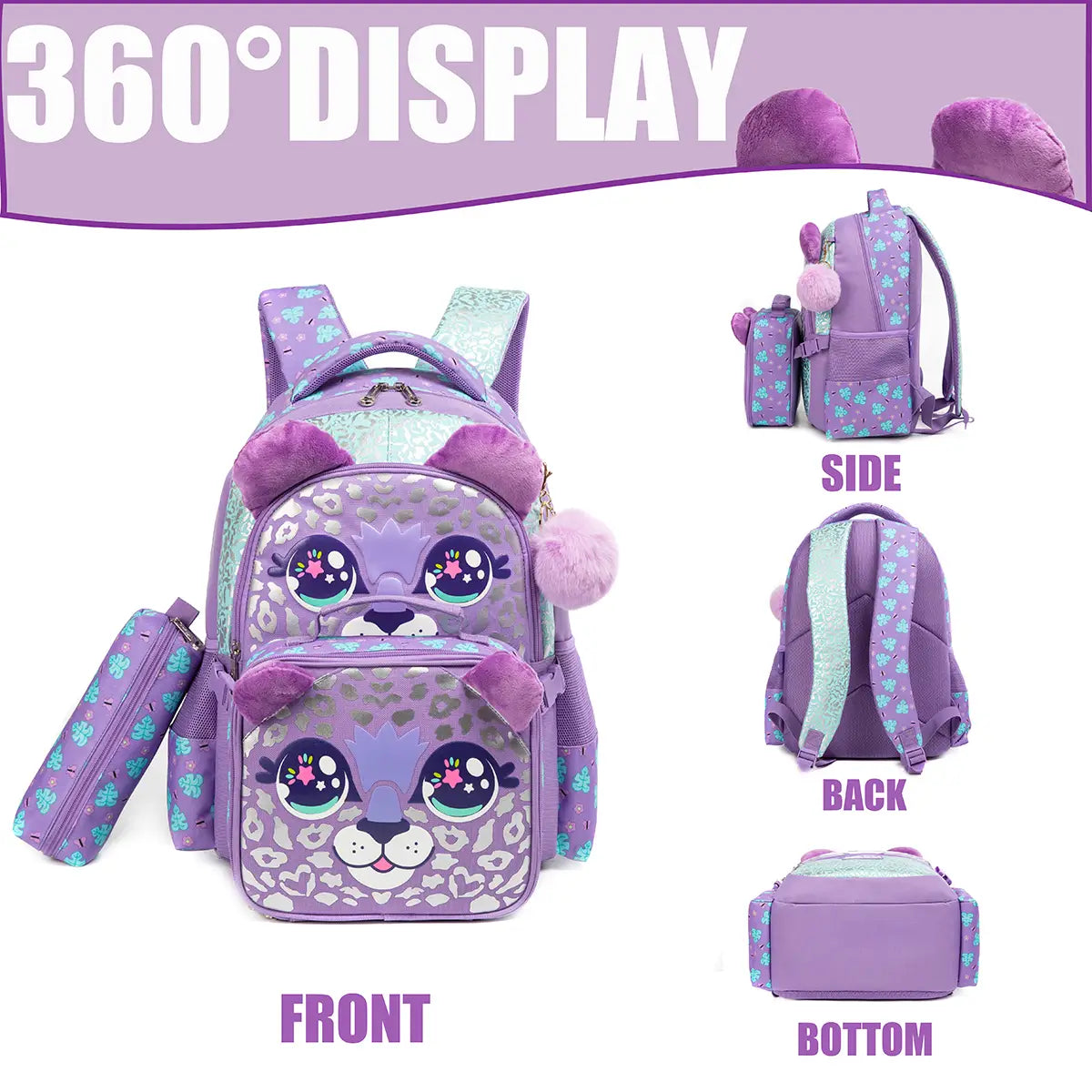Schulrucksack-Set für Meerjungfrauen-Mädchen im Stil von lila Leoparden mit Lunchbox, mit weichen Ohren und Pompon, mit hellblauen Pfotenabdrücken auf der Stoffoberfläche, entworfen für die Nutzung in der Schule.