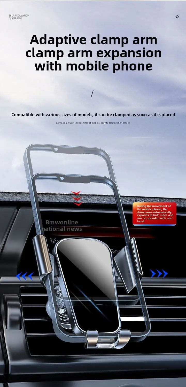 Silver adaptive clamp arm phone holder with a sleek minimalist design for secure and adjustable mounting in a car air vent, featured in the Gravity car phone holder air vent mount product.