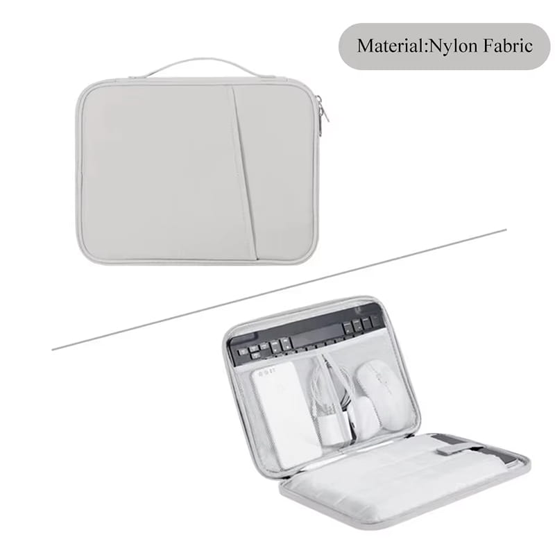 Light gray nylon fabric laptop sleeve with a top handle and interior compartments designed as a padded case for 11 to 13 inch laptops.