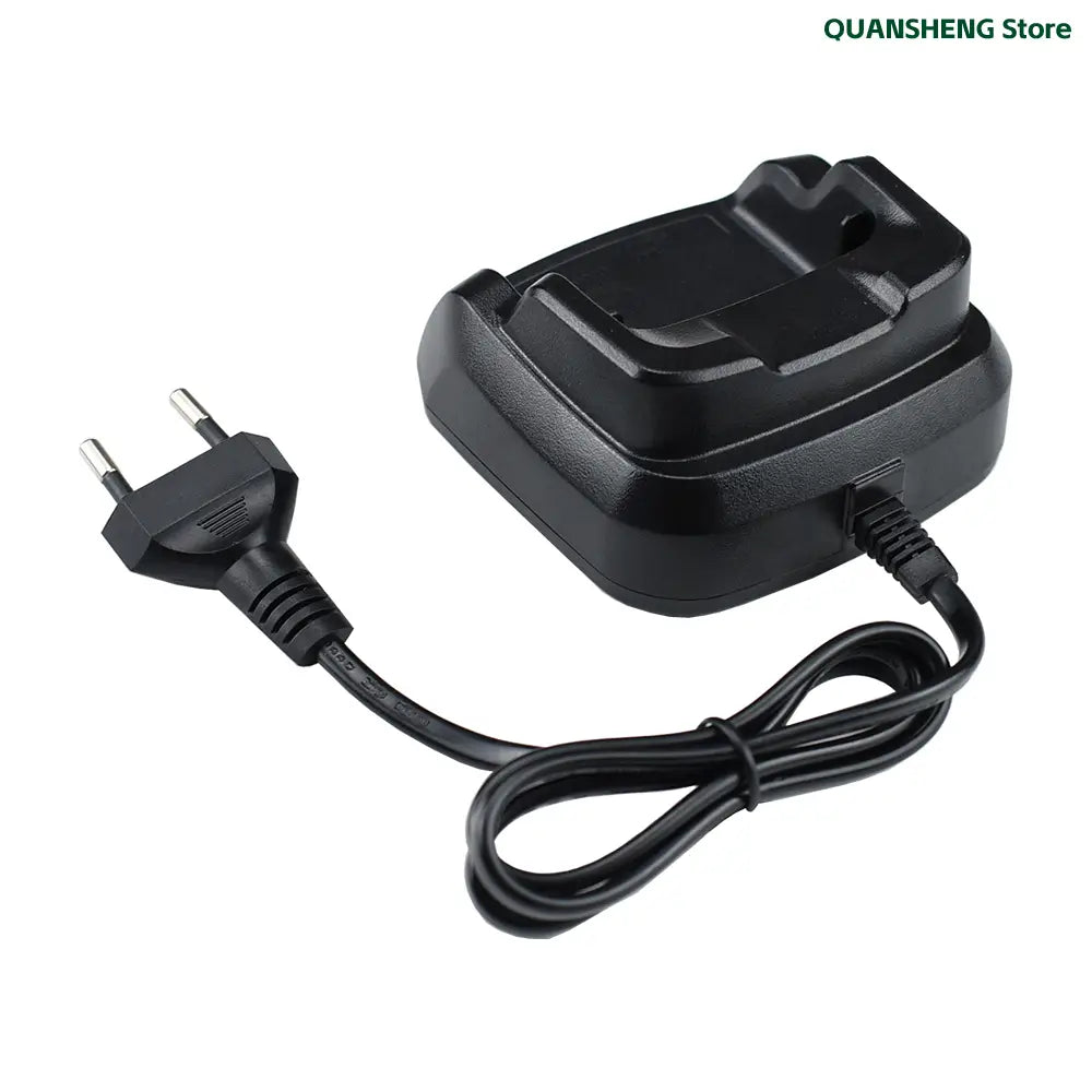 Black plastic Quansheng desktop charger power adapter with led indicator featuring a coiled power cord and European-style plug.
