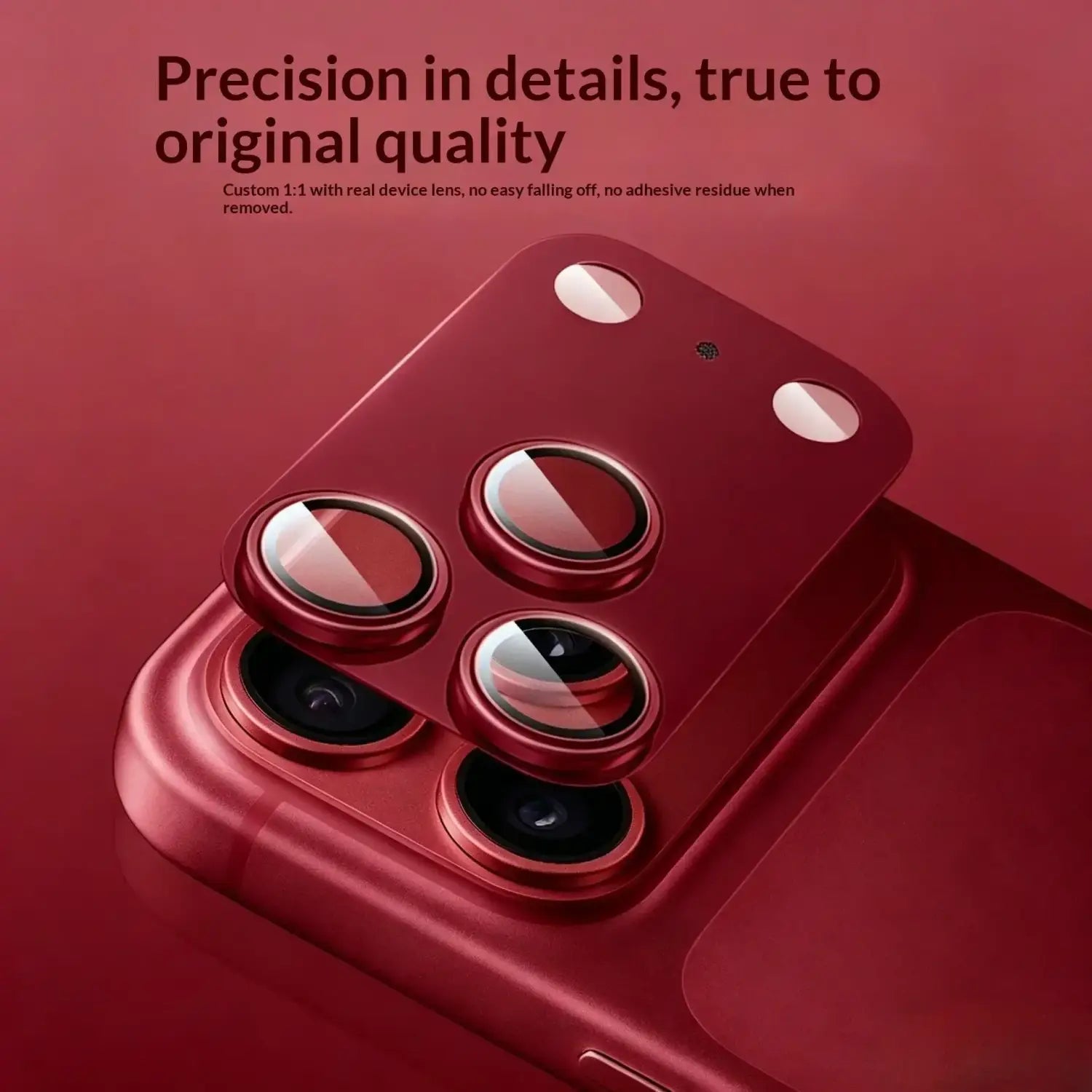 roter metallischer iPhone-18-Pro-Max-Anti-Reflexions-Linsenschutz mit präzisen kreisförmigen Aussparungen für das Dreifachlinsensystem des Telefons, ausgelegt für ProMax-18Pro-Anti-Reflexionsschutz mit ultrahoher Schutzwirkung.