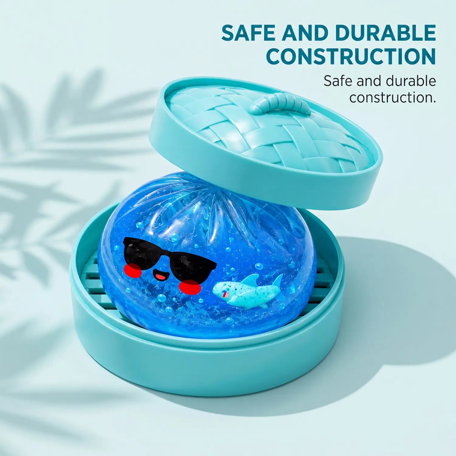 A turquoise silicone squishy dumpling stress ball finished goods featuring a smiling face with sunglasses and a small shark inside a matching open lid.