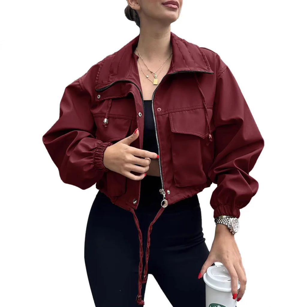 Women's Solid Color Short Jacket Zipper Trench Coat New 2025 Fashion Elegant Outerwear for Ladies