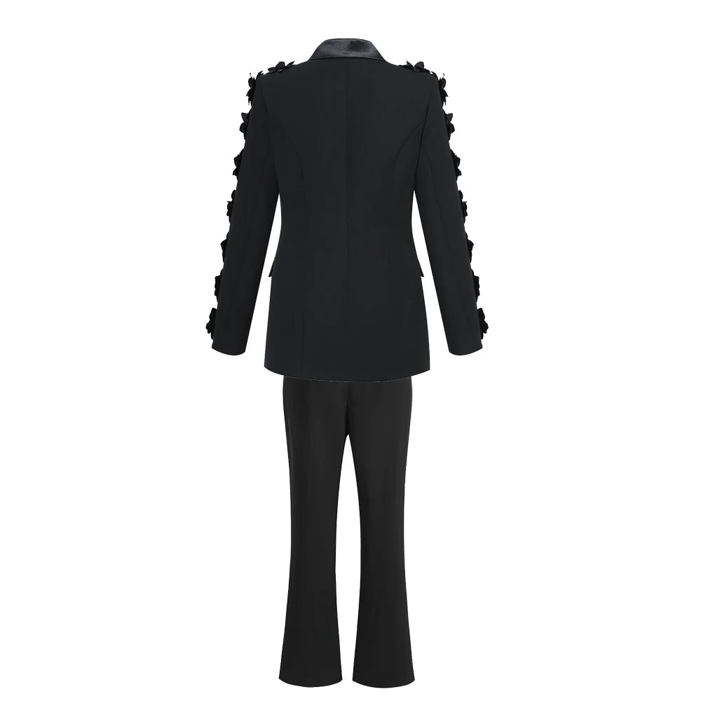 New Autumn Formal Suit Set Female Clothes ,Slim Fit Floral 3D Flower Collar , Womens Sets Two Piece Pants Suit