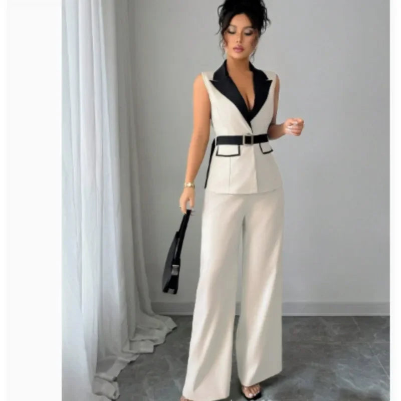 Women's Office Lady Ensemble Outfit Autumn Sleeveless Straight Leg Pants Set Classy Bandeau Elegant Style Top And Vest 2 Set