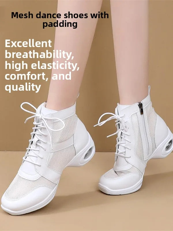 Women's Dancing Shoes Soft Bottom Leather mid Heel Black Mesh Breathable Square Dance Shoes Jazz Sailor Dance Footwear