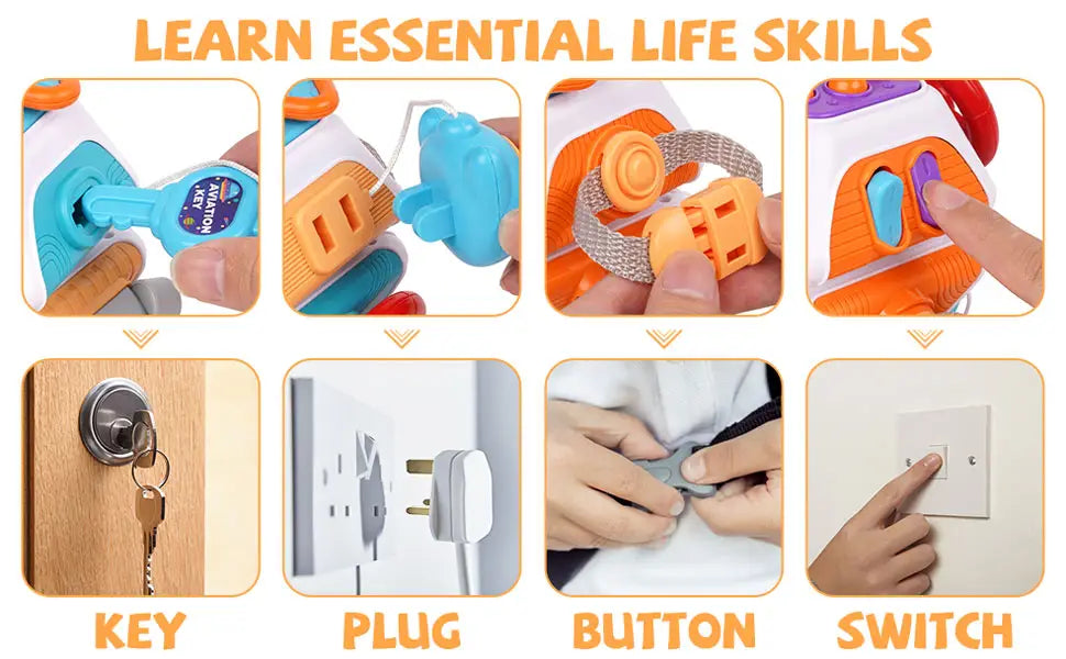 Jouet de voyage cube d’occupation Montessori en plastique orange et bleu, avec bouton de branchement à clé et éléments de commutation, destiné à l’apprentissage de compétences essentielles de la vie.