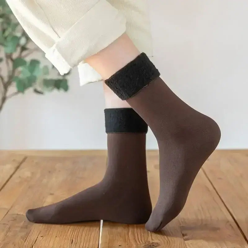 brown sheer winter thermal socks with black ribbed cuff fleece lined with cashmere wool for cold weather use