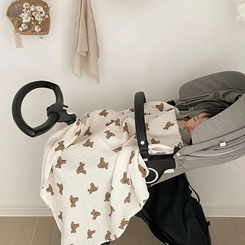 Baby Bath Towel 90cmX130cm Bear Print Blanket Muslin Breathable Infant Cotton Gauze Swaddle Wrap Bedding Baby Stroller Cover