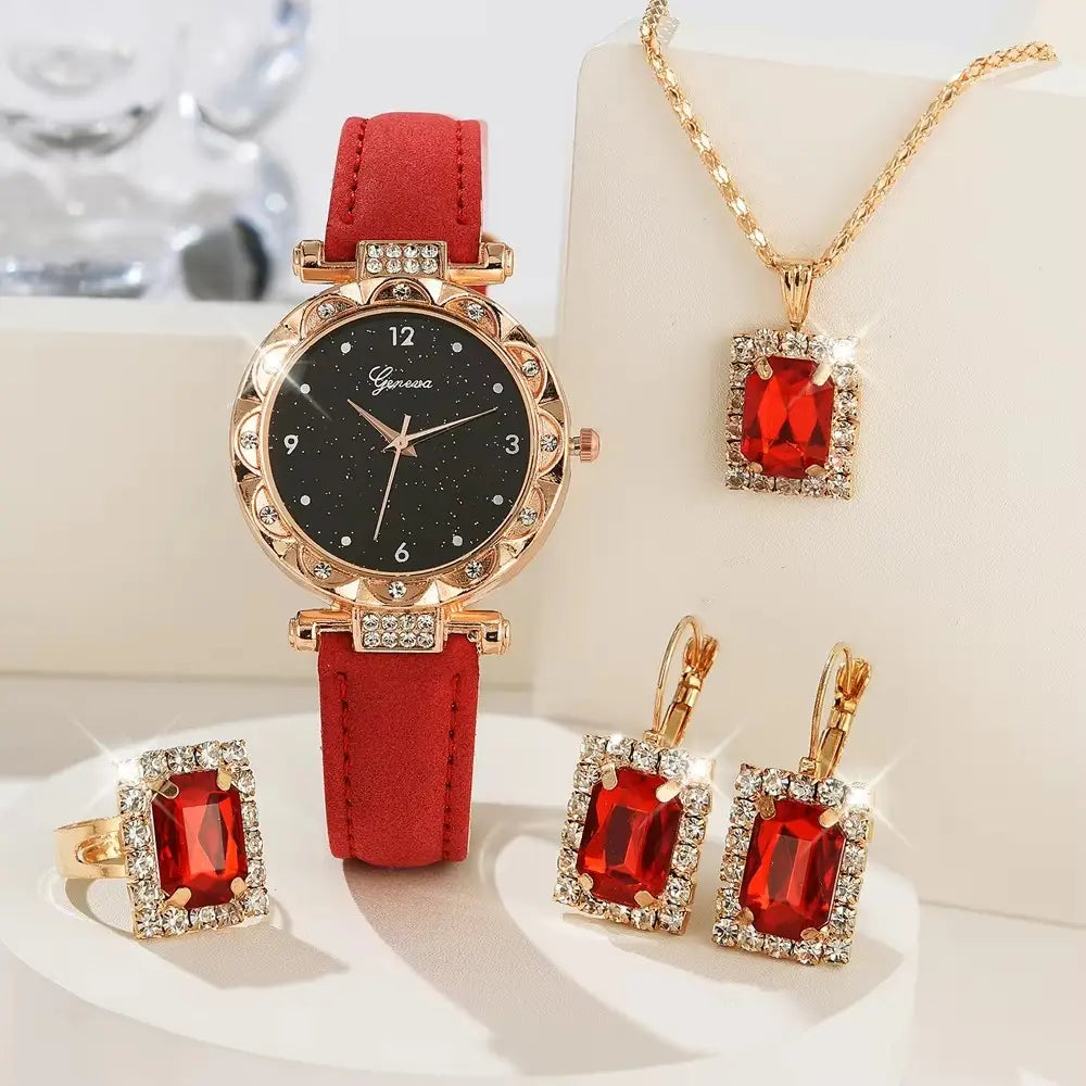 Black leather women quartz watch set featuring a red leather strap watch with a black starry dial and gold-tone case adorned with crystals.