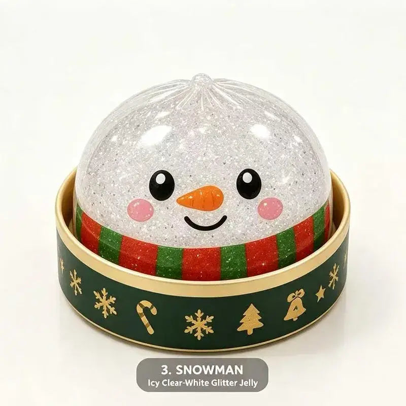 a cheerful snowman-themed christmas squeeze toy stress relief dumpling with a clear glittery white interior and an orange carrot nose designed for christmas party relaxation.