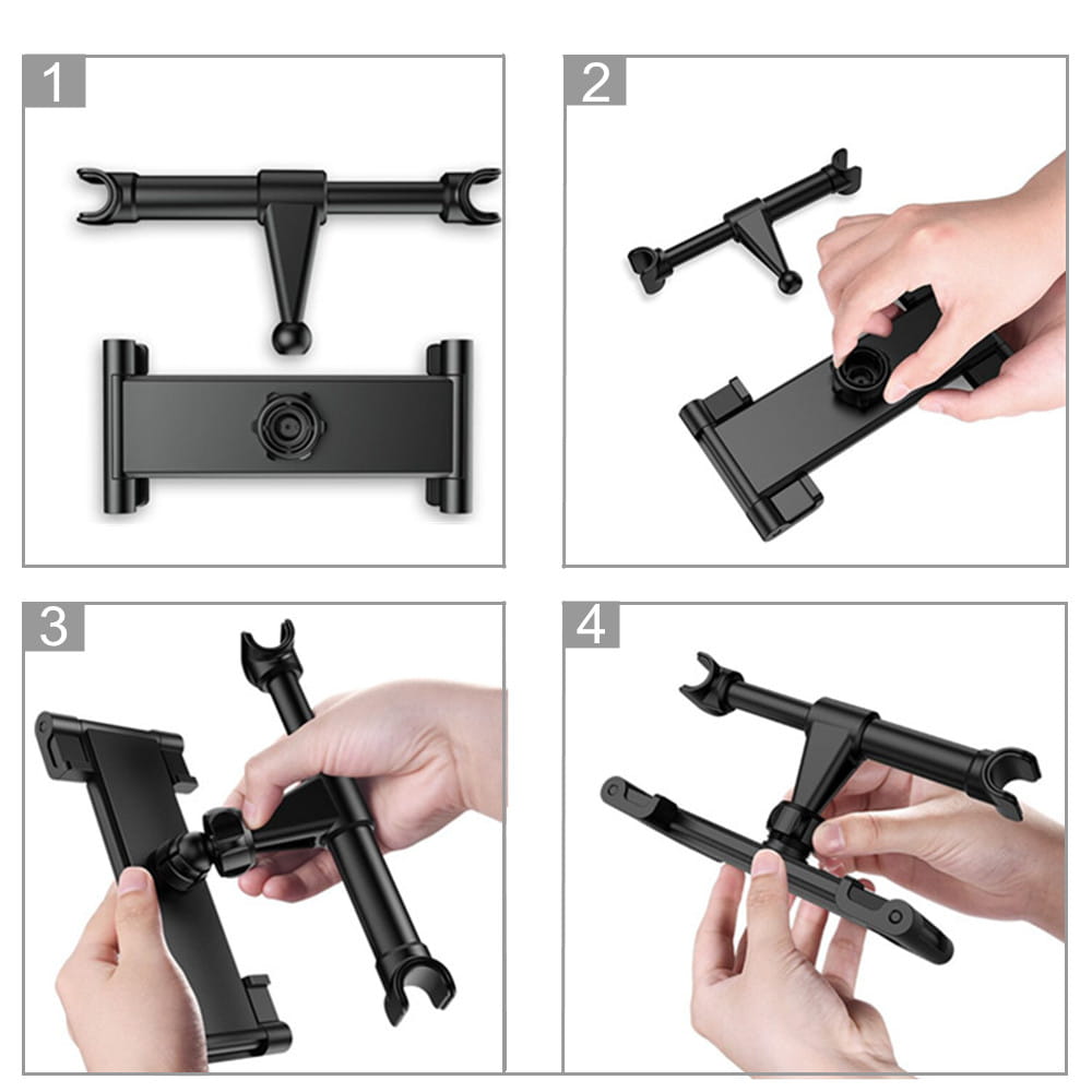 Soporte para tableta para reposacabezas de automóvil de plástico negro con brazos ajustables y un punto de pivote central para dispositivos de 4,7 a 13 pulgadas, mostrado desde el lado posterior.