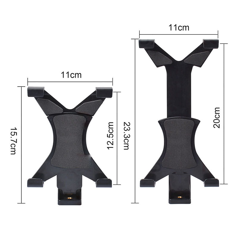 Black plastic tablet holder tripod mount with adjustable height and dual mounting arms for iPad and smartphones.