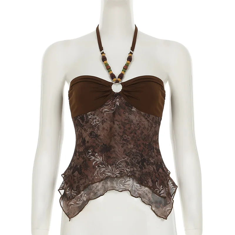 Retro Ethnic Beaded Folded Neck Backless Slim Fit Strap Vest Cross Border European And American Style Forest System