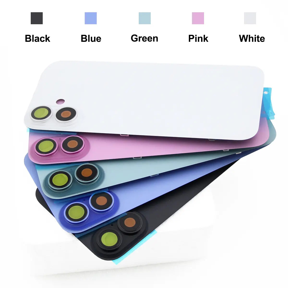 white glossy iphone 16 plus replacement back cover glass featuring a sleek triple-camera module with green and orange lenses available with affordable shipping fee options