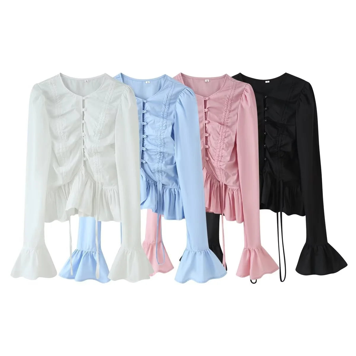 Women's Long Sleeve Pure Color Drawstring Bell Bottom Top Versatile T-Shirt Comfortable Breathable Polyester round Neck Design