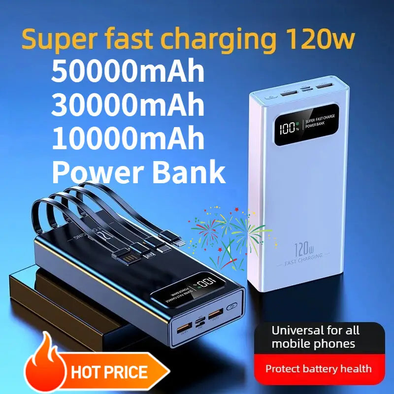 Banco de energía rectangular blanco con pantalla digital que muestra 100 por ciento de carga y la marca de carga súper rápida, con múltiples puertos USB; disponible en capacidades de 50000 mAh, 30000 mAh, 10000 mAh y 30000 mAh, 10000 mAh, 120 W de carga rápida.