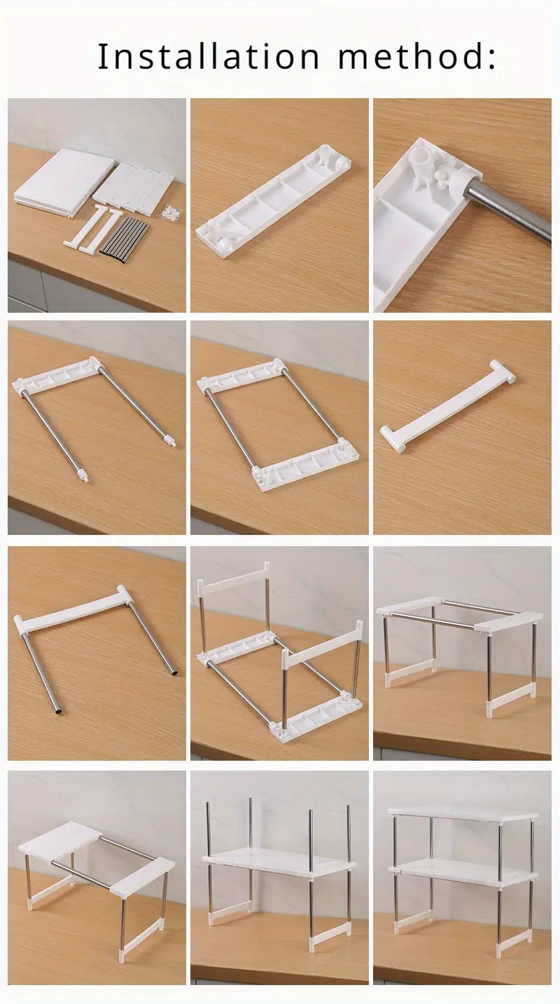 Étagère-organisateur de rangement pour comptoir de cuisine en plastique blanc et en métal, avec un design minimaliste, en tant que support de rangement et étagère-organisateur.