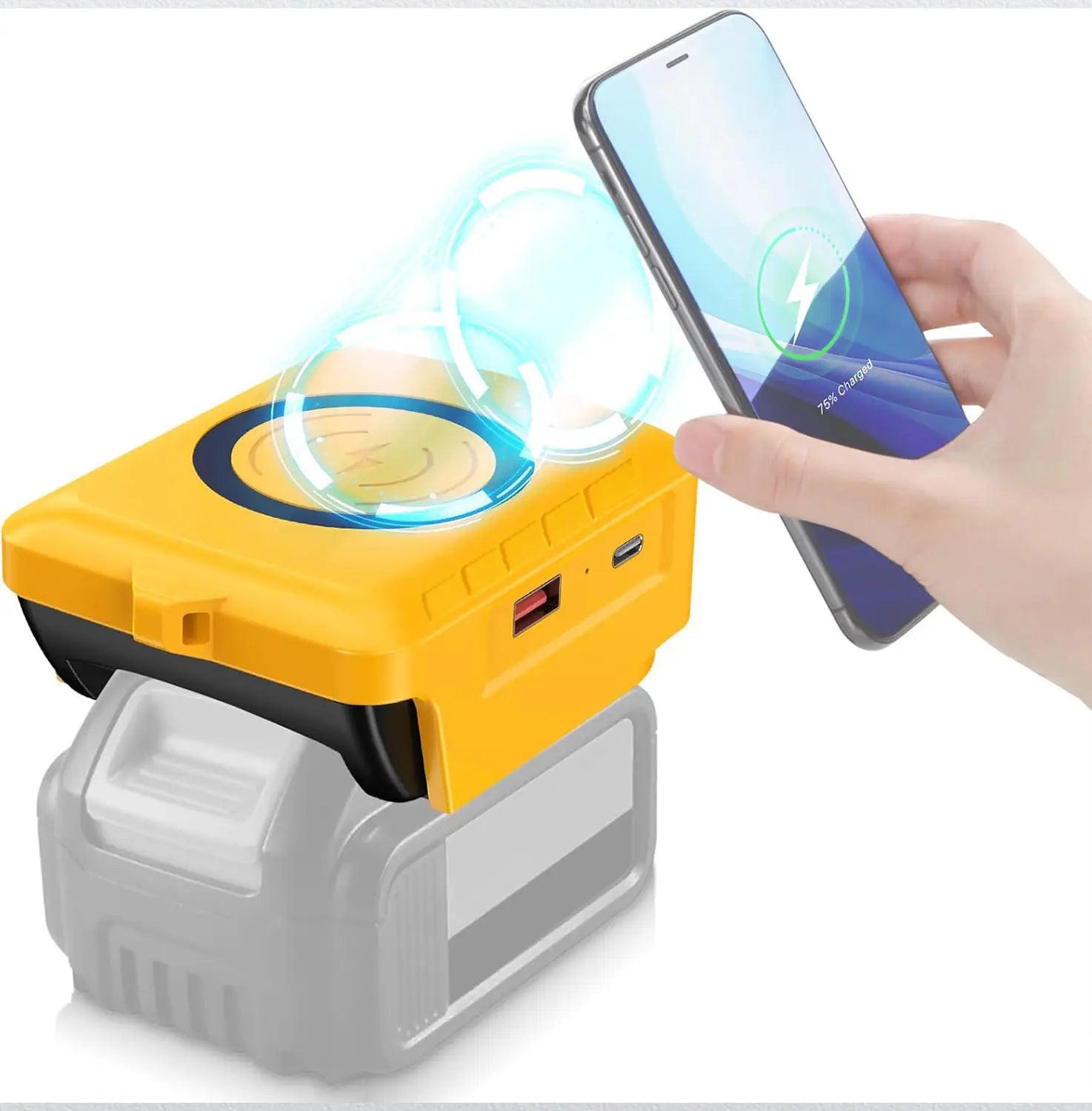 Banco de energía inalámbrico amarillo con batería integrada y múltiples puertos, diseñado para la compatibilidad del protocolo de carga rápida con herramientas Makita, DeWalt y Milwaukee de 18 V, con un diseño elegante para una carga cómoda sobre la marcha.