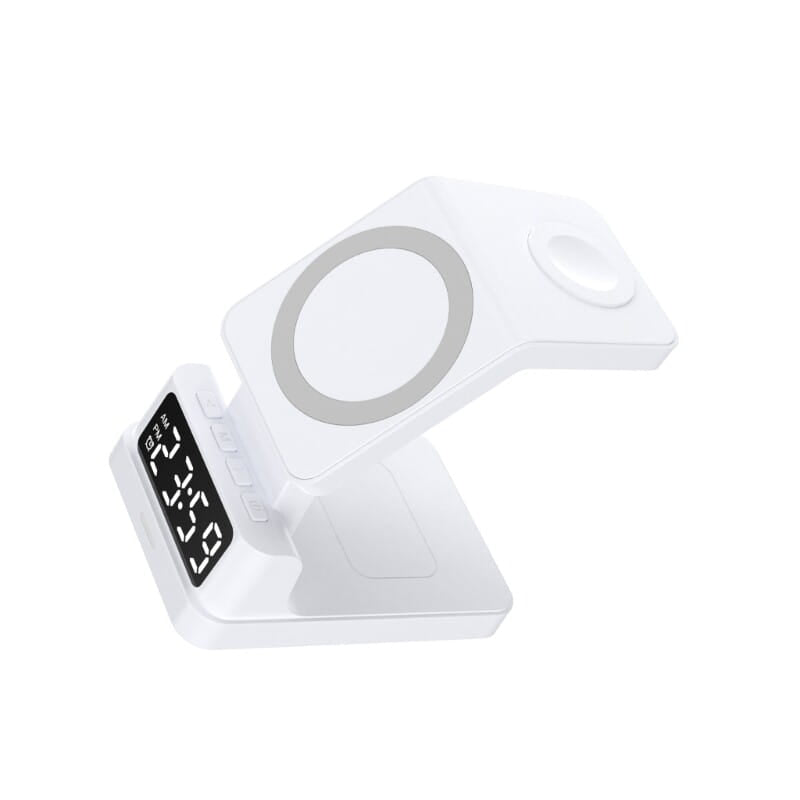 white wireless chargers 4 in 1 multiple devices stand with circular induction pads and digital clock display for efficient output power management