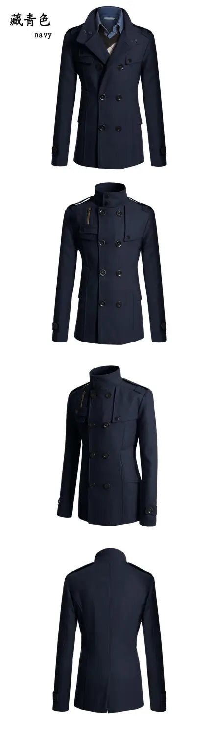 Manteau en laine croisé deux rangées bleu marine pour hommes, avec un col droit et des poignets boutonnés.