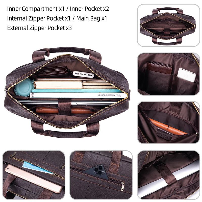 Men's Vintage Genuine Leather Briefcase Large Laptop Bag Cowhide Office Work Business Travel Shoulder Bag