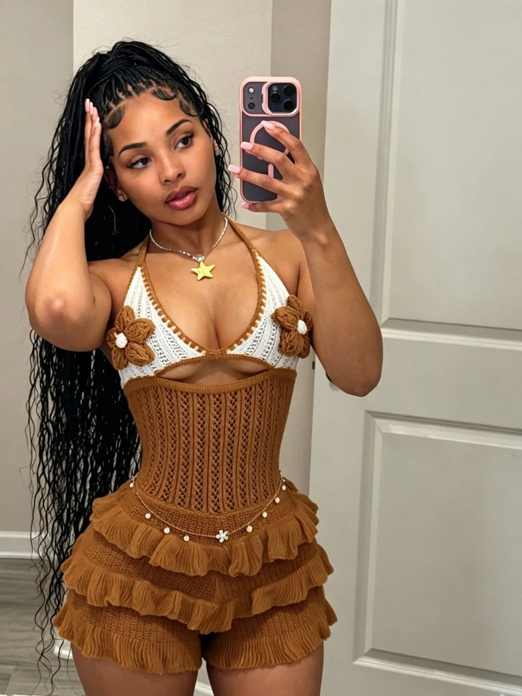 Women Rompers Knitted Jumpsuits Ruffle Hem Flower Hollow Out Halter Collar Mid Waist Mini Length Pants Slim Fit Sexy 2026 Summer