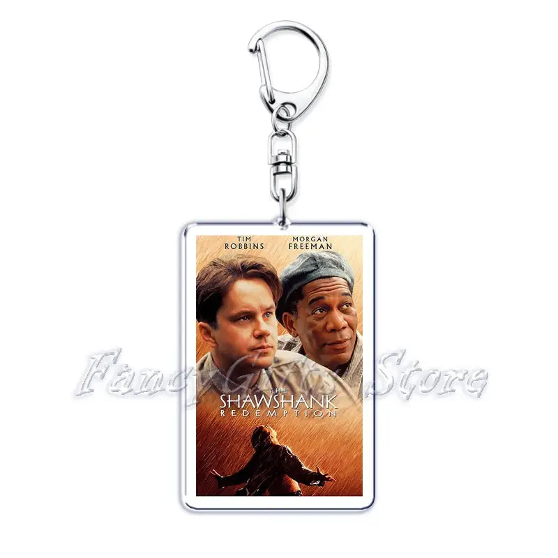 Silver rectangular acrylic keychain featuring a printed movie poster image of the shawshank redemption with actors Tim Robbins and Morgan Freeman from the movie poster acrylic keychain set.