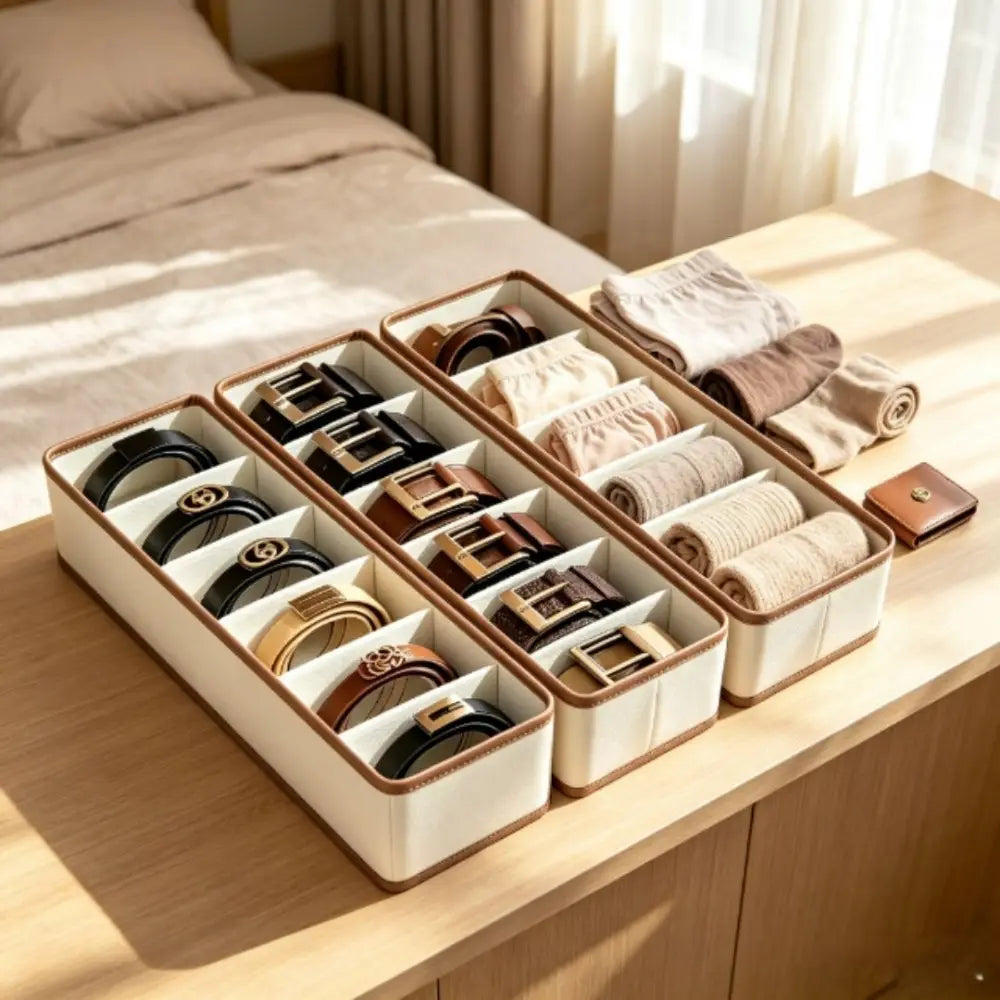 Beige and brown fabric drawer organizer with divided compartments designed for storing underwear and socks.