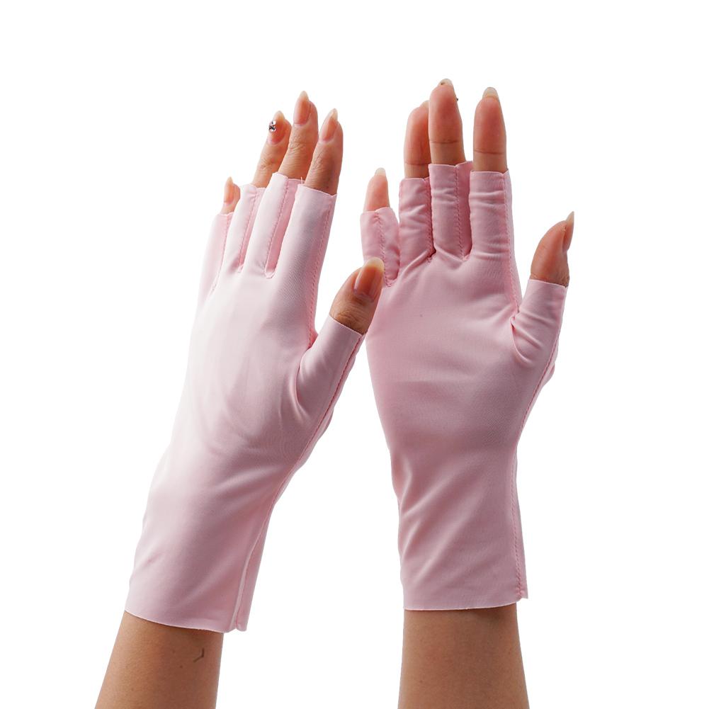 Pink fingerless UV protection sunscreen driving gloves made of smooth stretchy fabric showing the back side of the gloves.