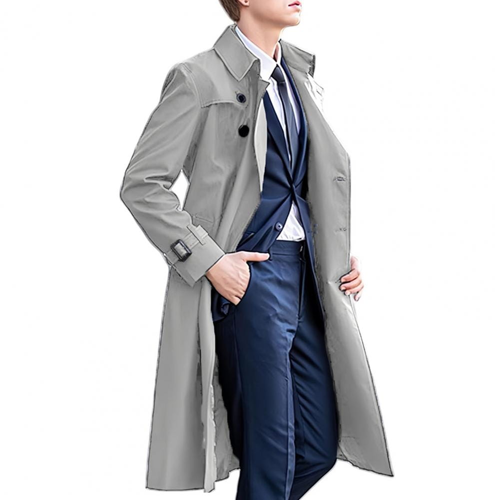 men windbreaker casual trench coat in gray with long sleeve length black buttons and belt detail highlighting clothes length and style.