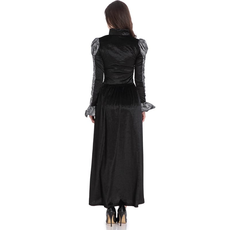 Black satin gothic vampire queen costume gown with silver lace trim on sleeves and cuffs.