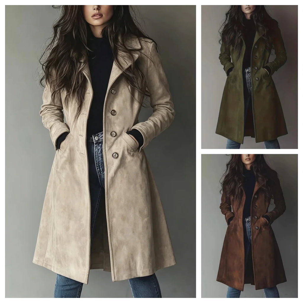 Elegant Suede Long Trench Women Coat Vintage Pocket Single Breasted Long Sleeve Outerwear Windbreaker Fall Outdoor Female Jacket