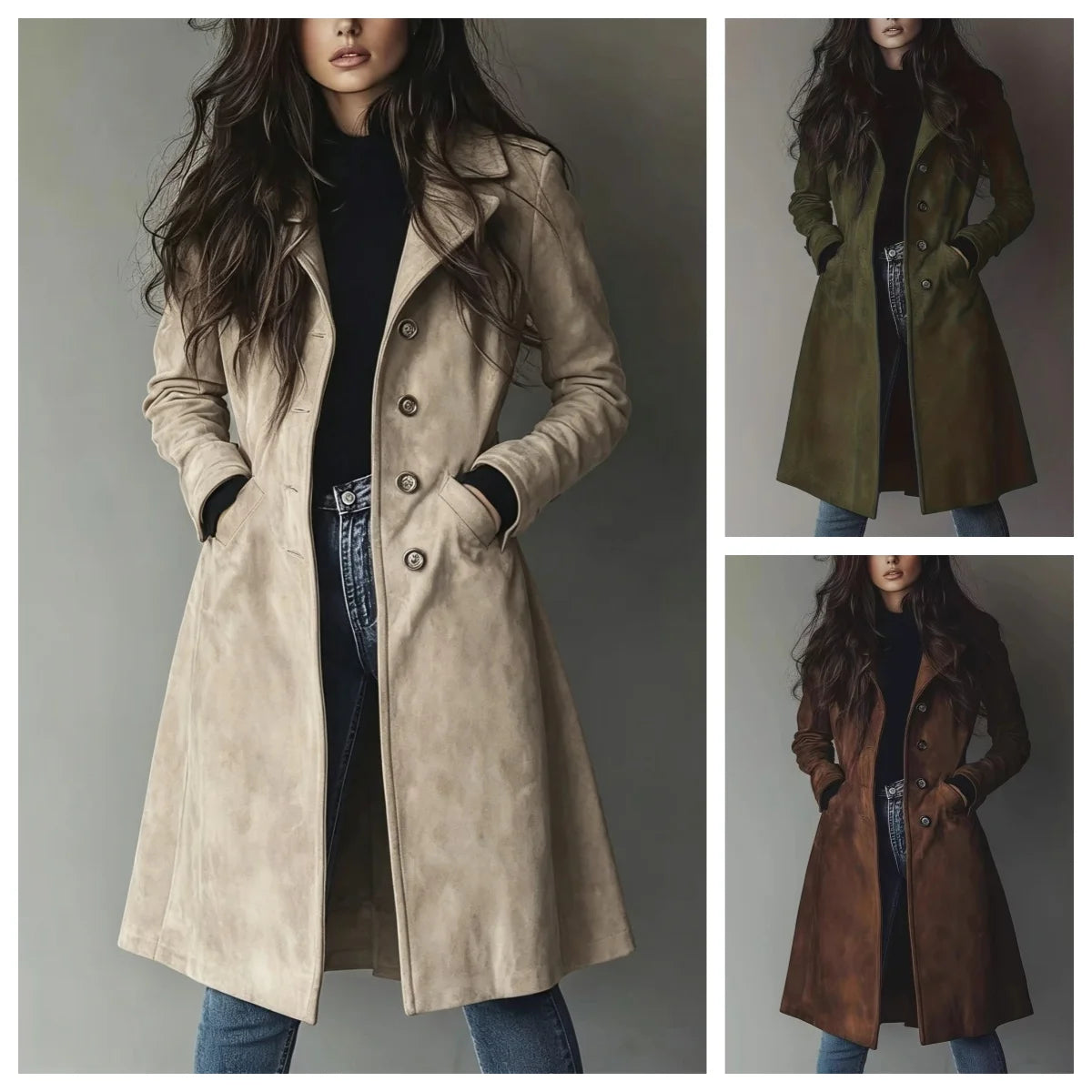 Elegant Suede Long Trench Women Coat Vintage Pocket Single Breasted Long Sleeve Outerwear Windbreaker Fall Outdoor Female Jacket