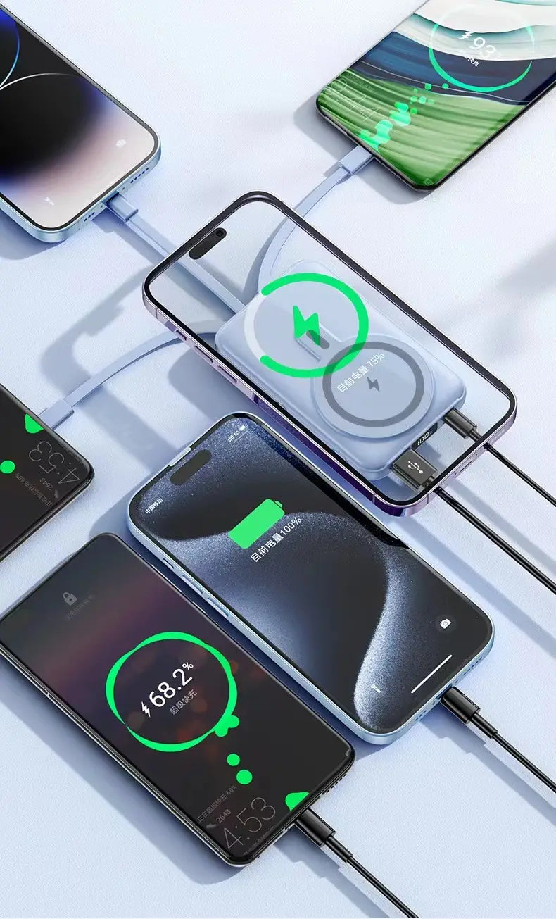 Banco de energía con cargador inalámbrico transparente y elegante, con diseño de rayo verde circular y dos puertos USB-C, presentados en el banco de energía de carga inalámbrica magnética rápida con soporte.