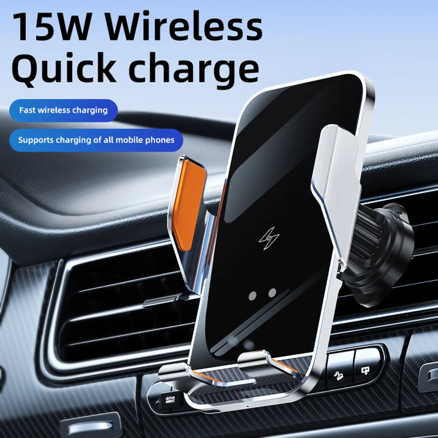 Silver and black wireless charger phone holder with orange accent designed for 15w quick charging and auto clamping functionality.