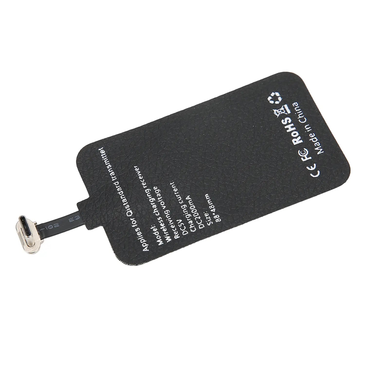 USB-Cコネクタ付きのブラックの凹凸ワイヤレス充電レシーバータイプC 10W充電パッド。ワイヤレス充電用の白色印刷仕様を裏面に記載