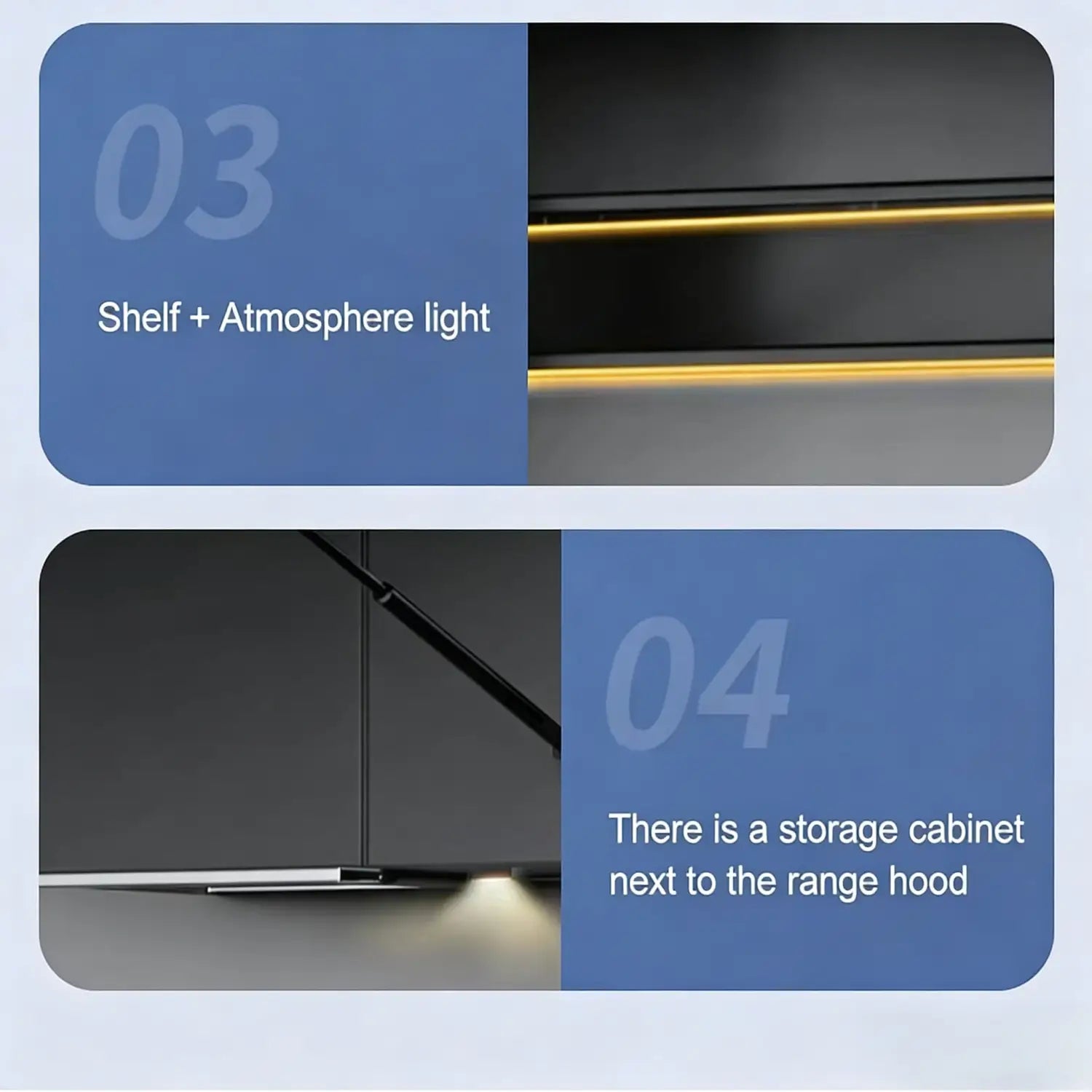 Black shelf with integrated golden atmosphere light strip in a modular kitchen outdoor cabinet set designed for enhanced customer service and stylish outdoor storage.