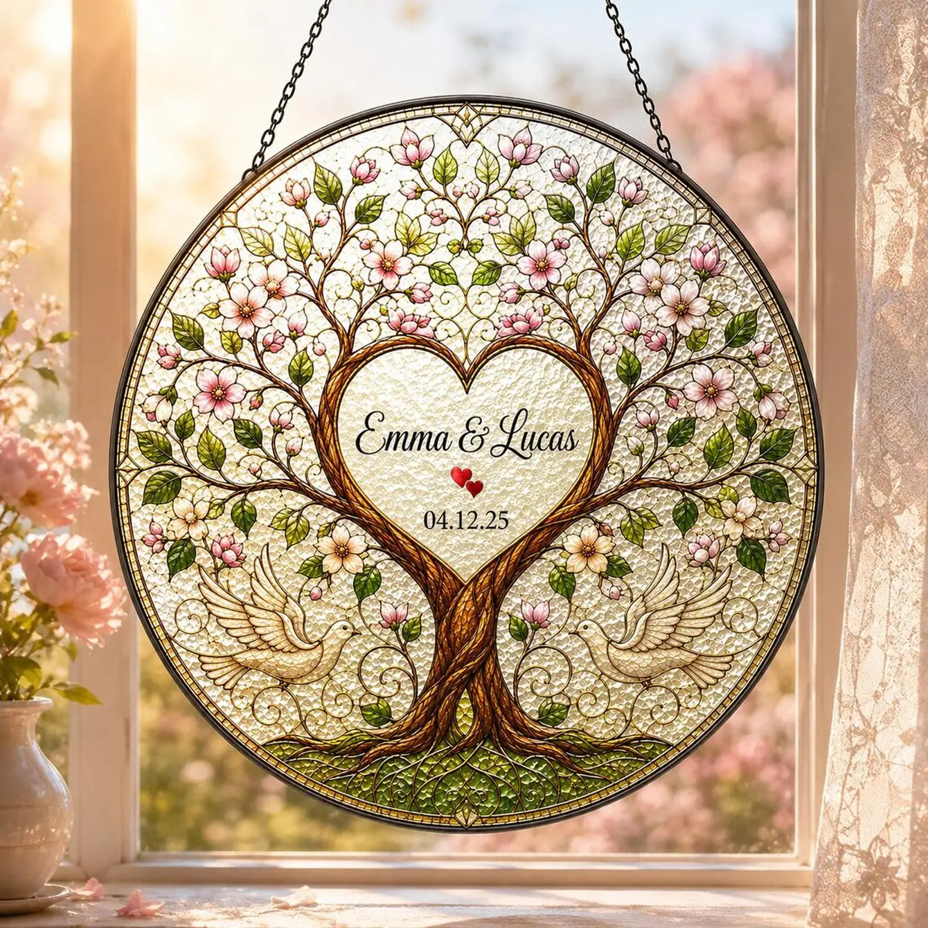 Regalo de boda personalizado de vitrales del árbol de la vida que presenta una decoración colgante de ventana circular con un árbol con flores rosadas, hojas verdes, dos palomas y un diseño en forma de corazón inscrito con Emma y Lucas, y la fecha 04.12.25.