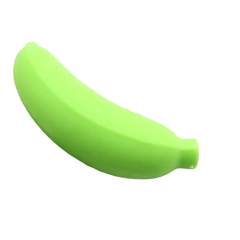 Bright green silicone banana-shaped slow rising squishy fruit squeeze toy for stress relief and pressure reduction