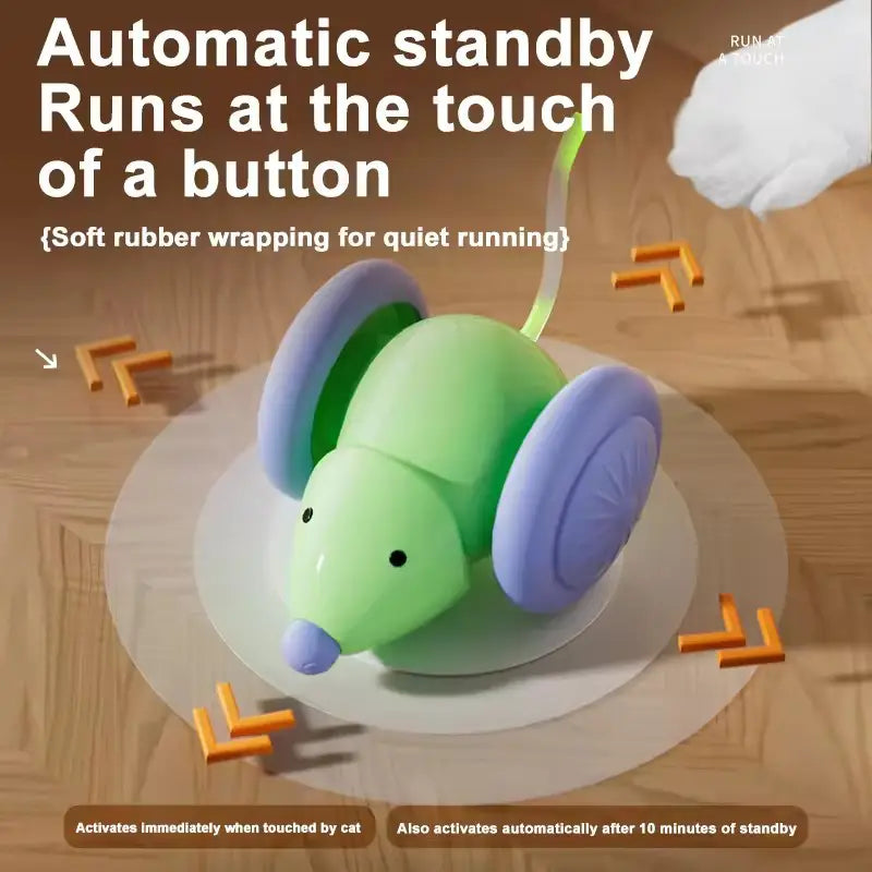 Green and purple plastic smart mouse with soft rubber wheels designed as an interactive cat toy featuring obstacle avoidance for animal toys type.