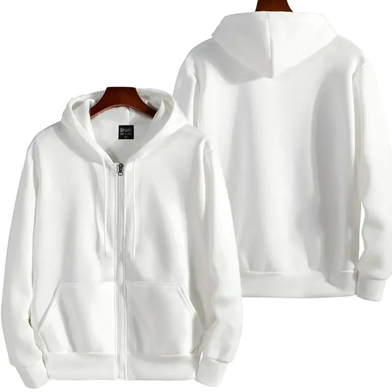Men zip up hooded sweatshirt cotton blend in white with soft smooth fabric and front pockets for casual wear.