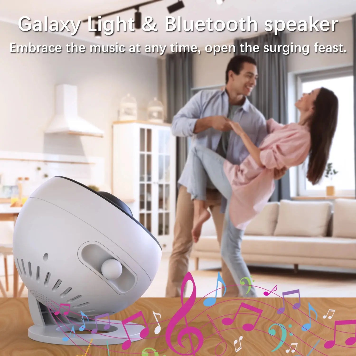 Weißer, kugelförmiger Galaxy-Projektor „Pro“ mit Bluetooth-Lautsprecher, mit schwarzer runder Oberseite und strukturierter Basis, ausgelegt für eine Anzeige von weißem Rauschen und Planetenscheiben.