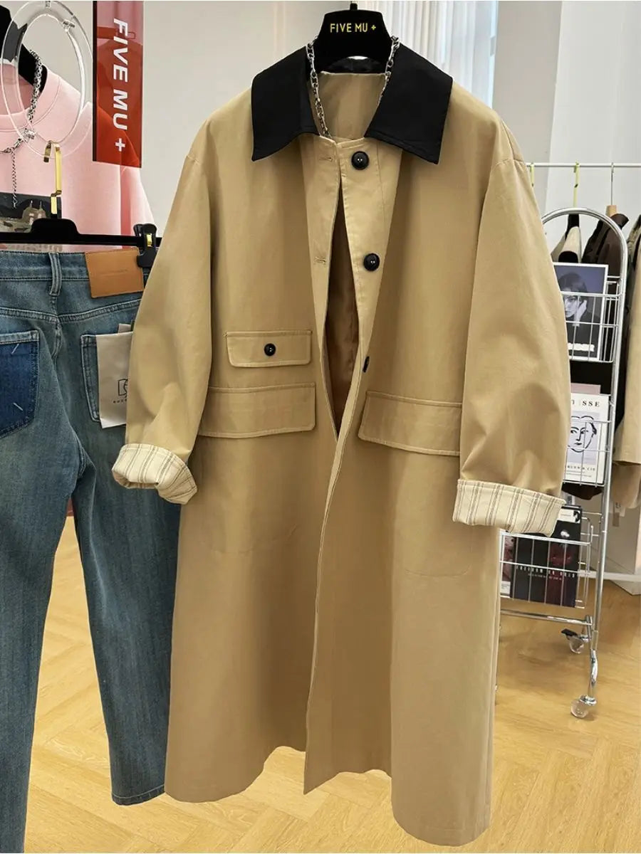 2025 new high-end  contrasting color lapel long trench coat women's spring and autumn loose casual foreign style tooling jacket
