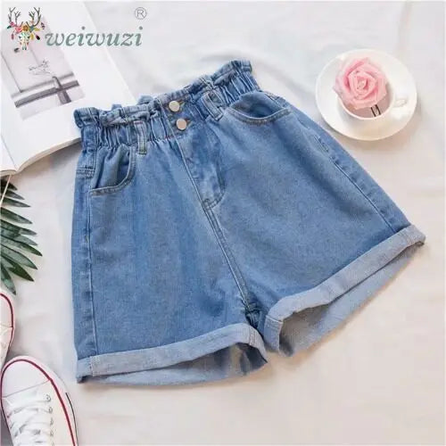 Women Casual High Waist Denim Shorts Elastic Waist Comfortable Wide Leg Rolled Hem Jean Shorts Girls Summer Vacation Streetwear