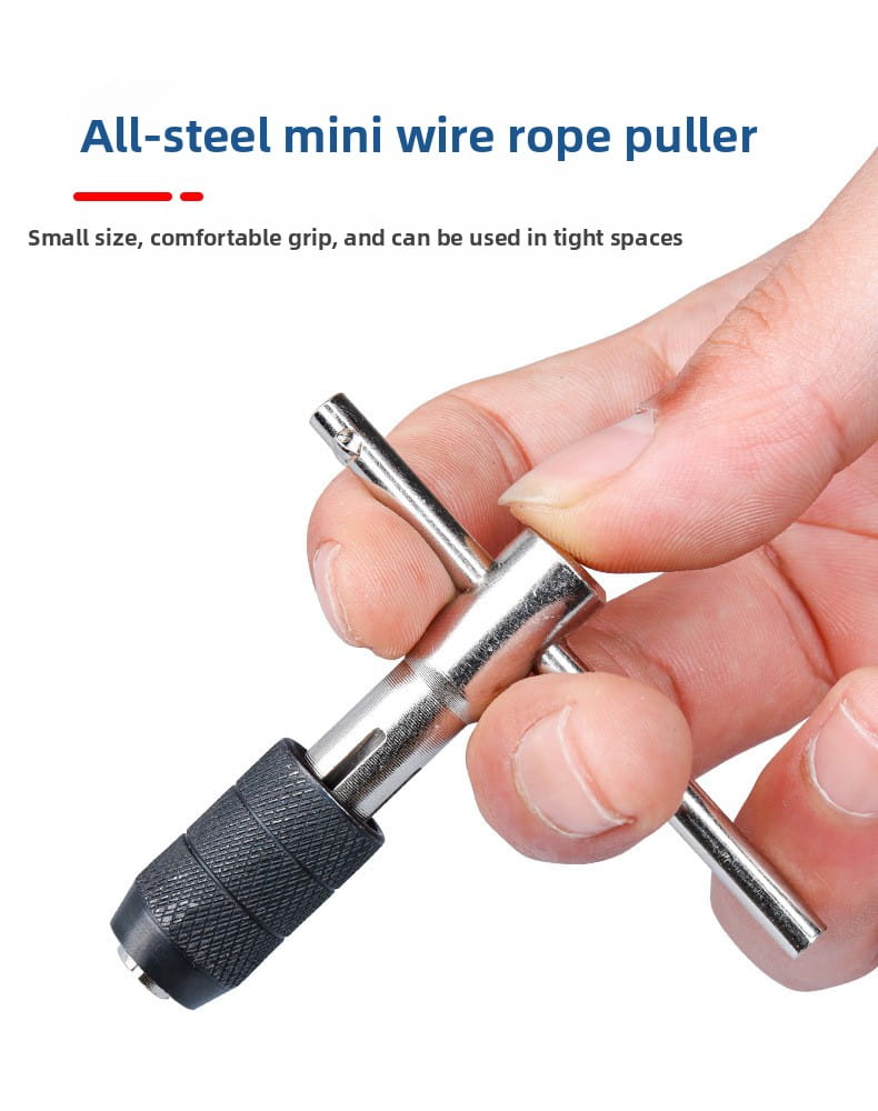 all-steel mini wire rope puller with a black textured grip and shiny metallic body featured in a tap and die set thread cutting tool kit