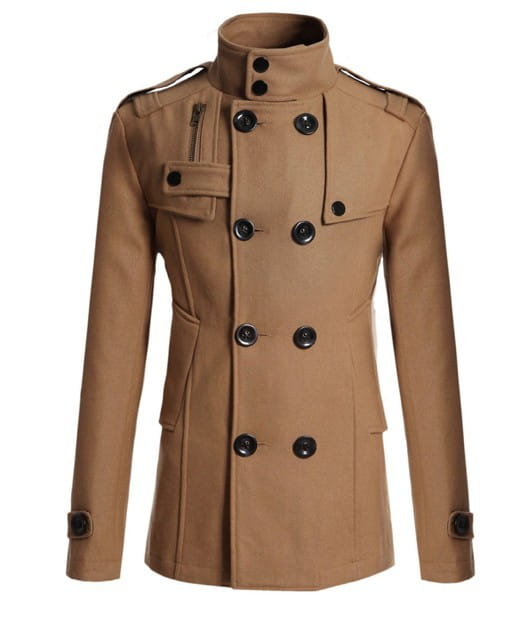 Tan double breasted warm woolen coat for men with black buttons and shoulder epaulets designed as a woolen jacket.
