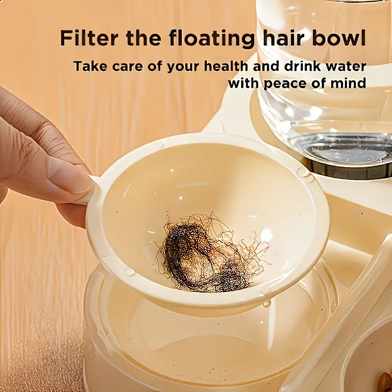 Beige plastic floating hair bowl with handle designed to catch loose hairs from water for use with water dispenser and large pet feeder.