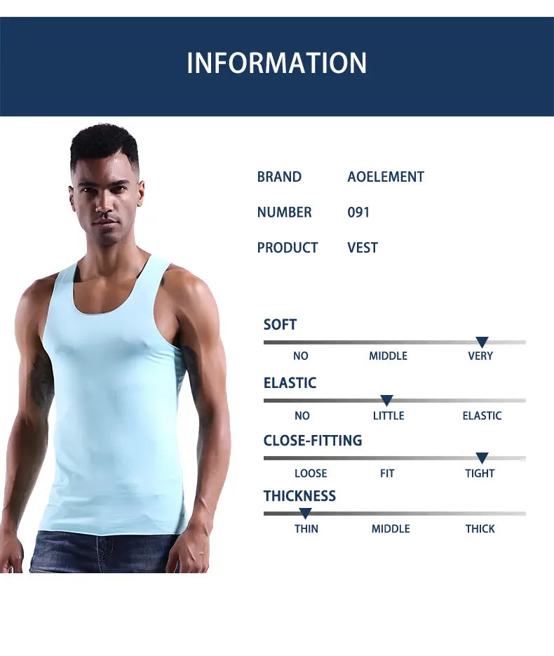 Débardeur de sport pour hommes en soie de glace, sans coutures, bleu clair, avec un design simple de débardeur, présenté côté dos
